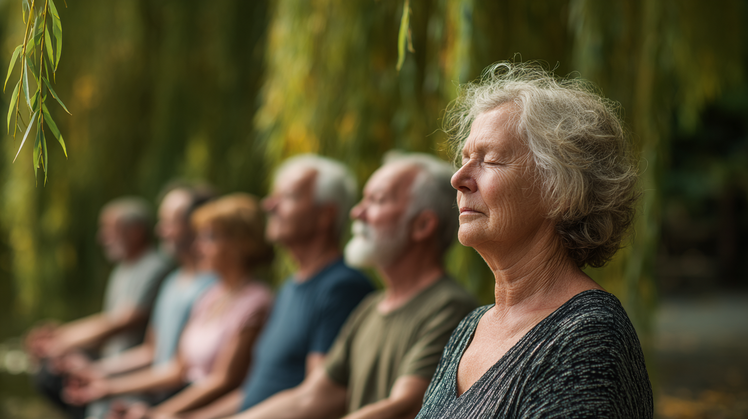 Группа пожилых людей занимается йогой в светлой студии