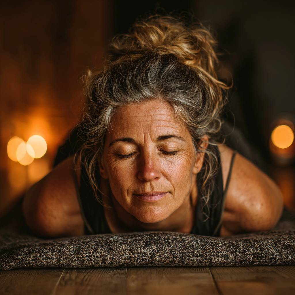 Пожилая женщина в медитативной позе на природе